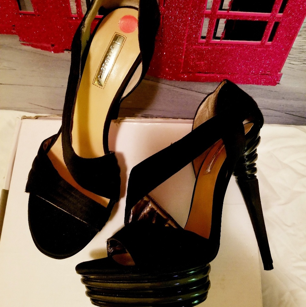 HALSTON BLACK PLATFORM OPEN TOE STAP HEELS
